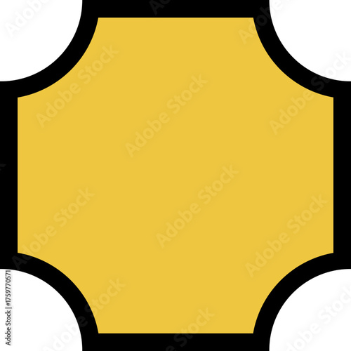 Shield-shaped badge featuring Art Deco-inspired geometric patterns with a black contour on a yellow silhouette.