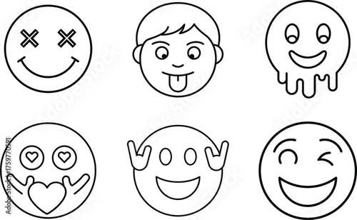 Funny Emoji Faces Outline Vector Set Cute Expressions Line Art Illustration