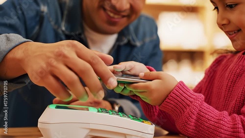 Father and Daughter Paying Using Smartphone at Store Checkout