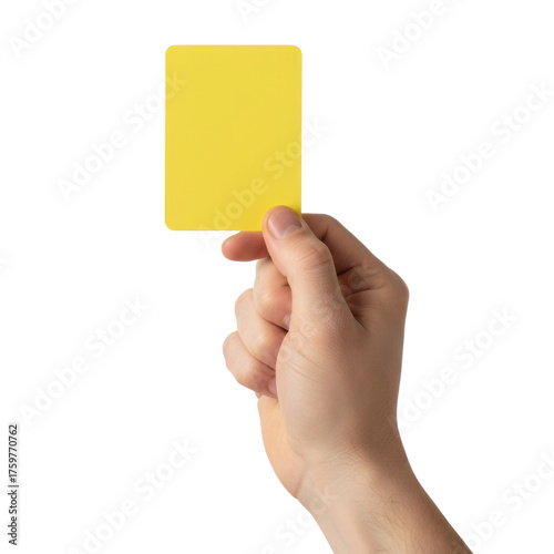 Referee signalling caution with yellow card isolated on black background in match situation