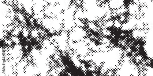 Abstract black and white halftone pattern distressed grunge texture retro comic book dots.