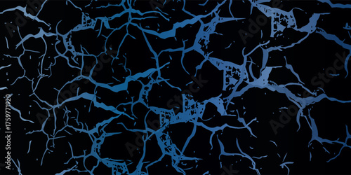 Abstract Dark Texture with Blue Veins and Cracks Resembling Lightning.
