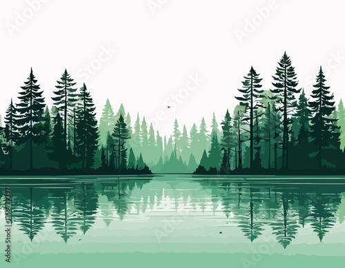 Green Forest Silhouette Vector Border - Tree Reflection on Water