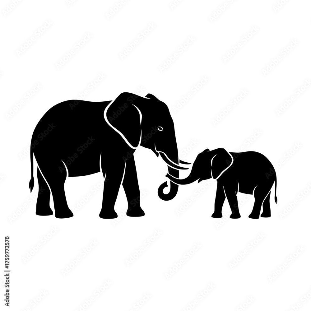 Fototapeta premium Affectionate Mother and Baby Elephant Silhouette Vector