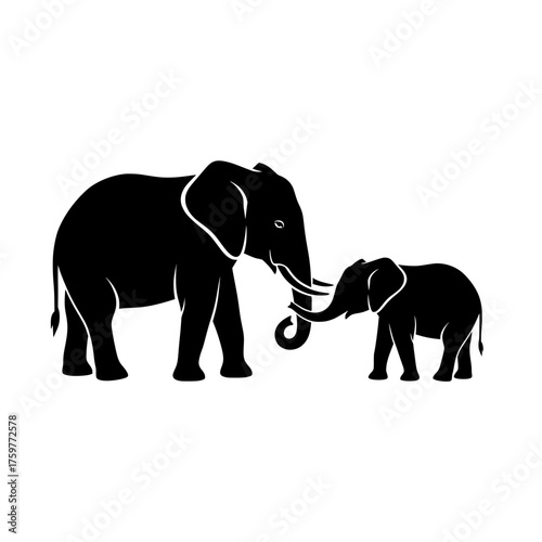 Affectionate Mother and Baby Elephant Silhouette Vector