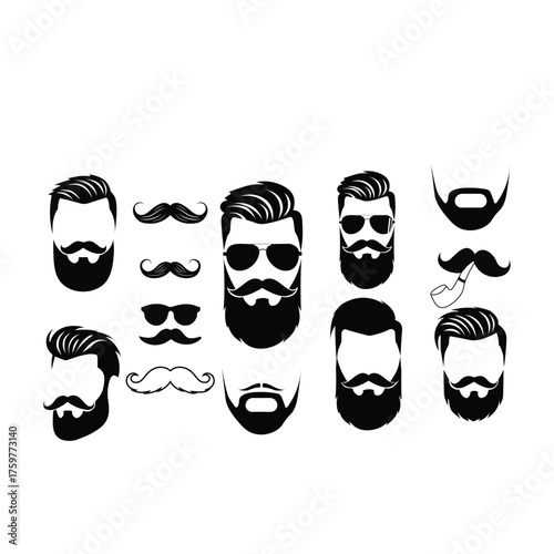Hipster Beard and Mustache Silhouette Vector Icons Set