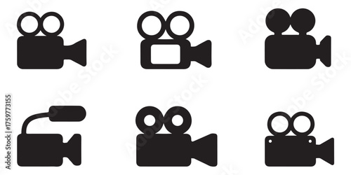 Collection of six vintage film camera icons silhouette isolated on white background