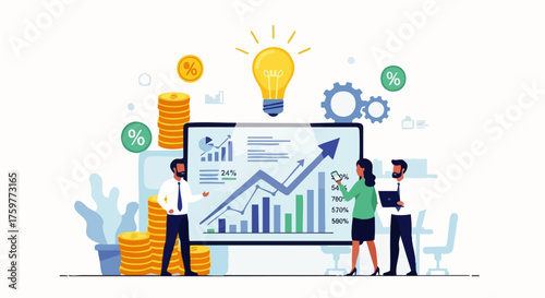 Flat illustration of business growth and teamwork to design business strategies and financial planning, showing positive trends and opportunities.