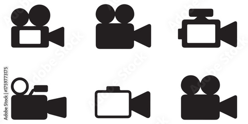 Collection of six vintage film camera icons silhouette isolated on white background