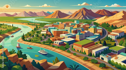 Very beautiful aerial view of Bullhead City with the Colorado River flowing gracefully in the background, showcasing a scenic urban landscape surrounded by trees, desert terrain, and peaceful natural 