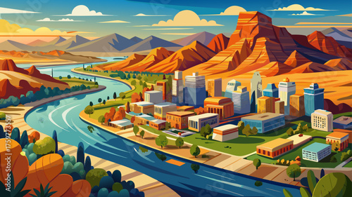 Very beautiful aerial view of Bullhead City with the Colorado River flowing gracefully in the background, showcasing a scenic urban landscape surrounded by trees, desert terrain, and peaceful natural 