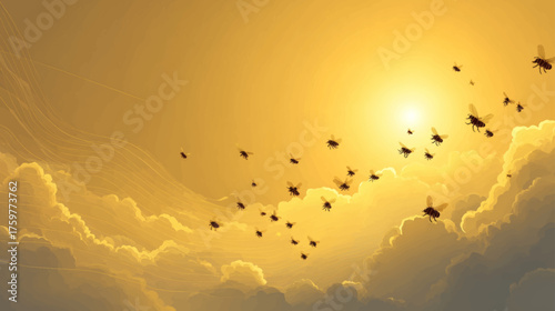 Swarm of honey bees flying through golden clouds at sunrise, atmospheric vector background representing pollination, beekeeping, and environmental harmony.