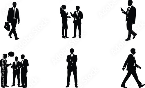 Business people silhouette, walking, talking, confident posture, teamwork, communication, mobile usage, corporate behavior, professional interaction, office attire, leadership,
