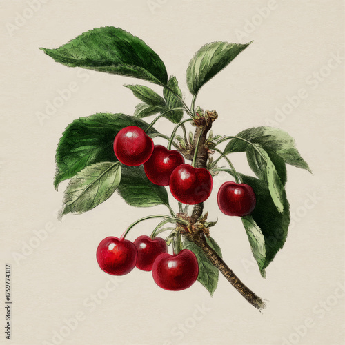 Vintage botanical illustration of red cherries on stem with lush green leaves, elegant vector artwork for organic food, farming, and healthy living design themes.