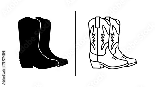 Cowboy boots outline and solid with transparent background