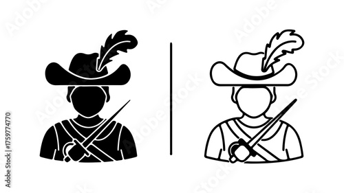 Musketeer silhouette with sword and feathered hat