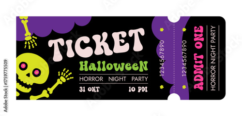 halloween party admit one horizontal  ticket, horror night, autumn event, festival design template,  vector 
