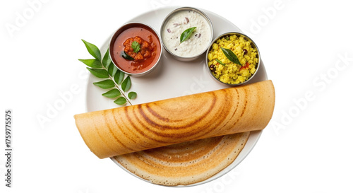 Delicious south indian masala dosa served with sambar and chutney on a white plate