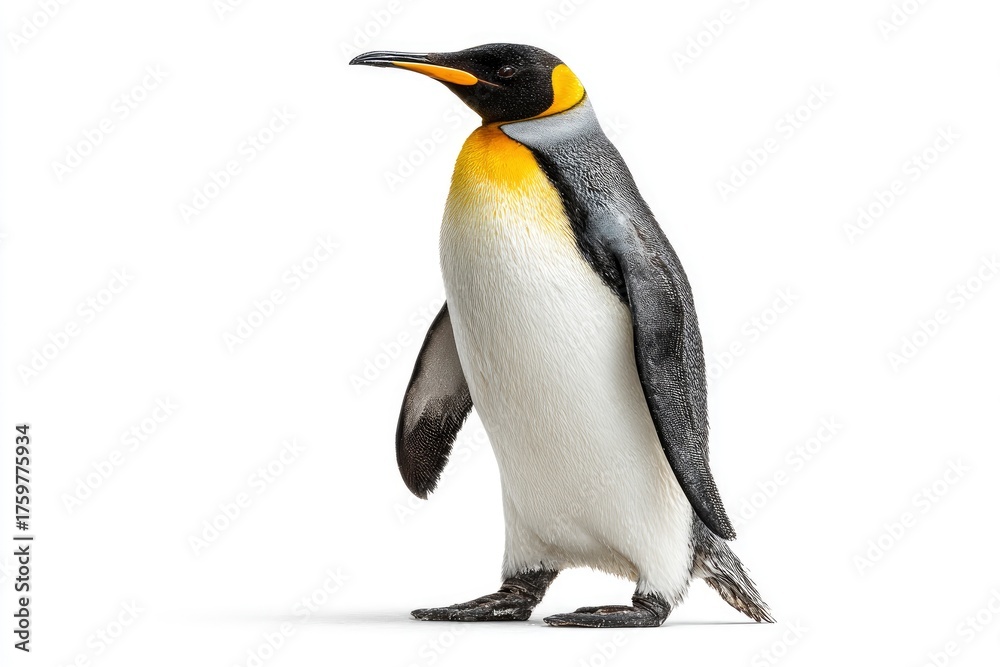 Obraz premium A majestic large seabird stands tall and elegant in a detailed side profile, showcasing its striking black, white, and golden-yellow plumage against a pristine, bright white background. This impressiv