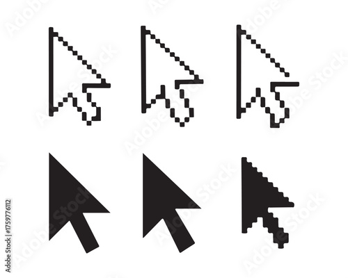Simple black and white cursor icons displayed in various styles and designs