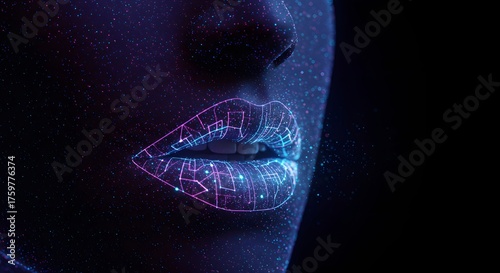 Close-up of digitally enhanced lips and facial features, glowing with blue and pink light