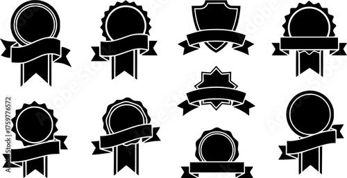 outline silhouette badge with ribbon icon set