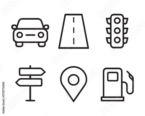 Simple line icons depicting road travel elements such as cars and gas