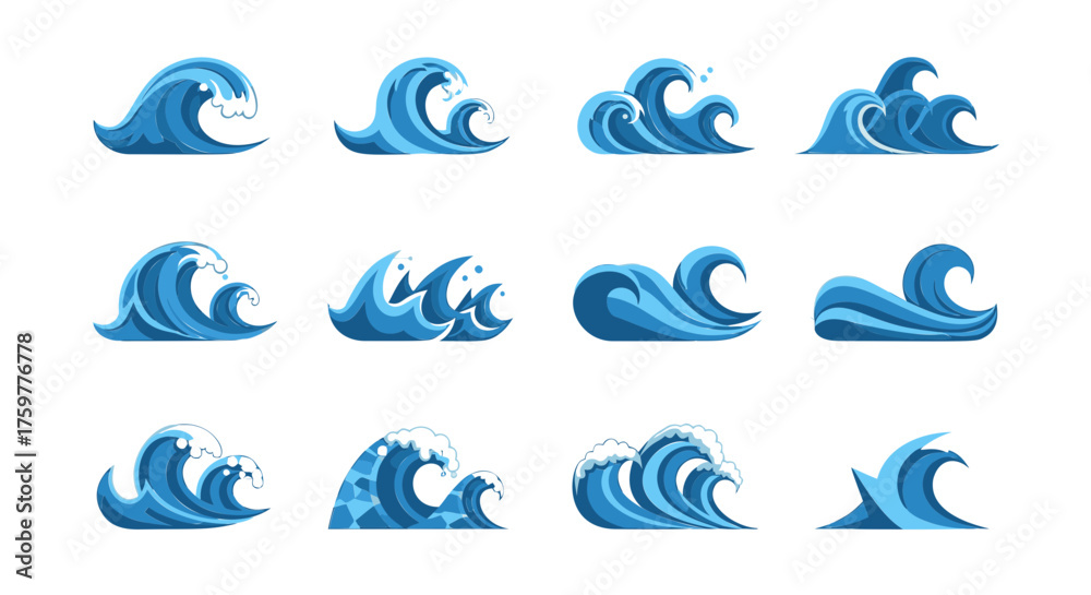 Fototapeta premium A collection of twelve stylized blue ocean wave illustrations with white foam, isolated on a white background.