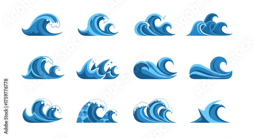 A collection of twelve stylized blue ocean wave illustrations with white foam, isolated on a white background.
