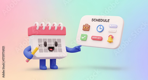 Smiling Calendar Character Pointing at Colorful Schedule Icons in 3D Cartoon Style
