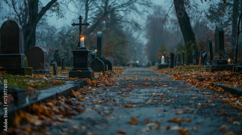 Cemetery with glowing candles on a foggy night — All Souls’ Day and Halloween atmosphere