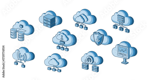 Set of blue isometric icons representing various cloud computing services like database, server, networking, security, and analytics.
