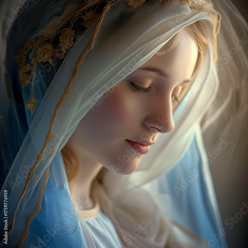 Peaceful Virgin Mary with embroidered veil and soft divine light