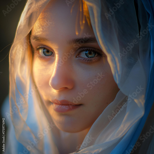 Young Virgin Mary in soft sunlight wearing white and blue veil
