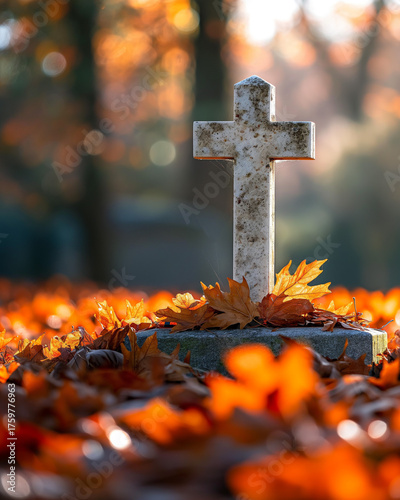 Gravestone cross surrounded by autumn leaves symbolizing remembrance on All Souls’ Day