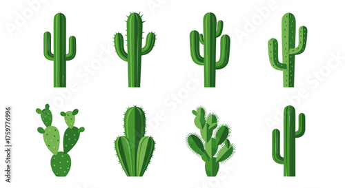 A collection of eight different green cactus plant icons in a flat vector style isolated on a white background.