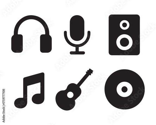 Black music icons depicting audio equipment instruments and musical notes