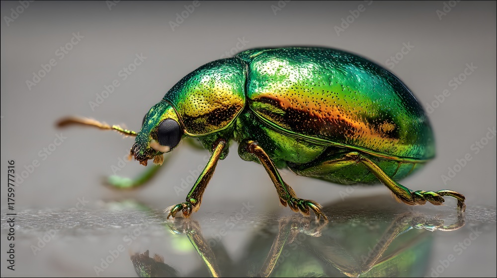 Naklejka premium A small green beetle with iridescent wings reflects on a shiny surface.