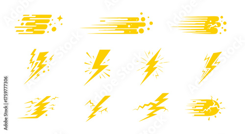 A collection of yellow graphic icons representing speed, motion, and electrical energy.