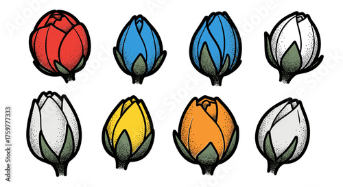 A collection of eight colorful illustrated flower buds in red, blue, yellow, orange, and white.