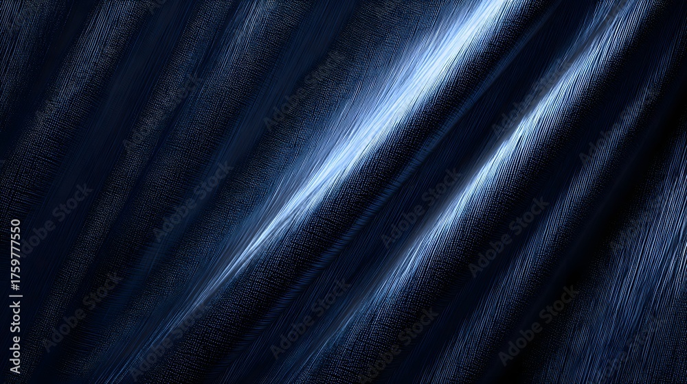 Fototapeta premium Rippled dark blue fabric texture with bright light highlights.