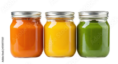 Three glass mason jars filled with vibrant orange yellow and green healthy juices against a black background