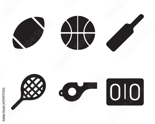 Black silhouette icons representing various sports equipment and referee tools