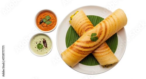 Delicious south indian masala dosa served with two types of chutney on a banana leaf