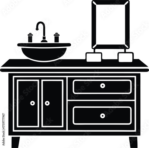 Detailed line art sketch of a modern bathroom vanity with sink and faucet