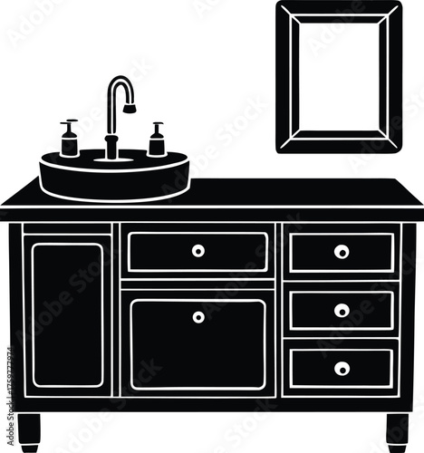 Detailed line art sketch of a modern bathroom vanity with sink and faucet