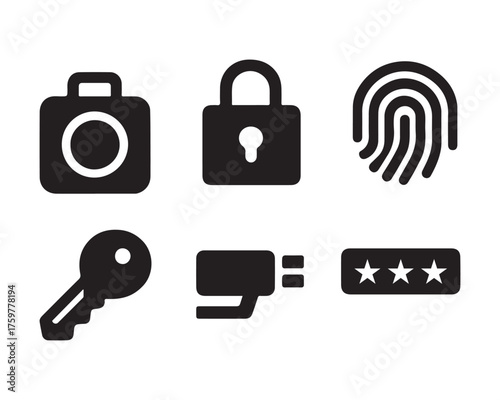 Security icons representing camera lock fingerprint key and password protection