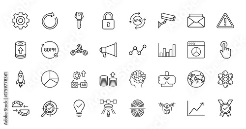 Technology and business line icon set. Vector pictograms of settings, security, privacy, analytics, intelligence, innovation, drone, and global network, thin linear illustration.