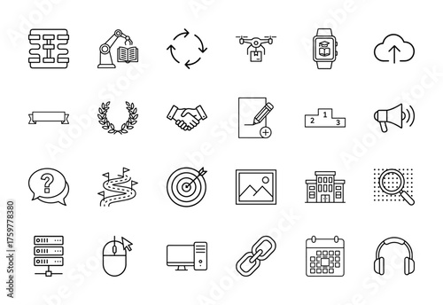 Technology and business line icon set. Vector pictograms of hierarchy, robot, drone, smartwatch, cloud, handshake, document, target, server, computer, calendar, headphones, thin linear illustration.