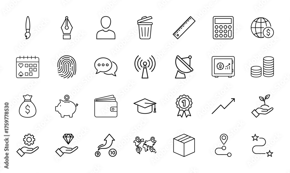 Fototapeta premium General line icon set. Vector pictograms of brush, user, calculator, calendar, money bag, chart, plant, world map, and delivery box, thin linear illustration.